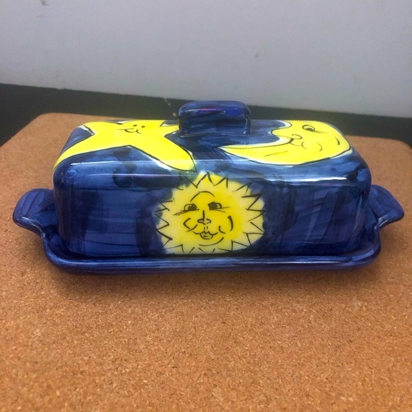 Hand Crafted Other - Butter Dish Ceramic Handmade Blue Yellow Moons Suns 9x3” Good Condition  Used